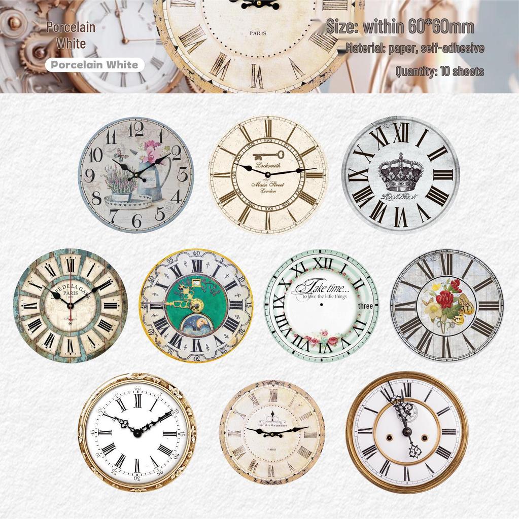 Retro Wall Clock & Journal Sticker Pack: 10 Sheets of Creative Vintage Time Scale Designs