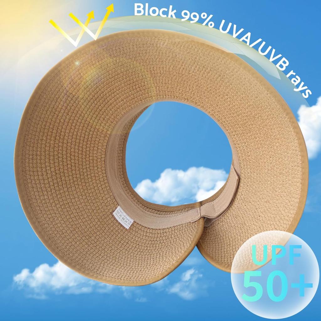 Women'S Sun Hats with Wide Brim, Roll-Up Design for Beach, Ponytail-Friendly, Packable And Foldable Straw Visor for Travel