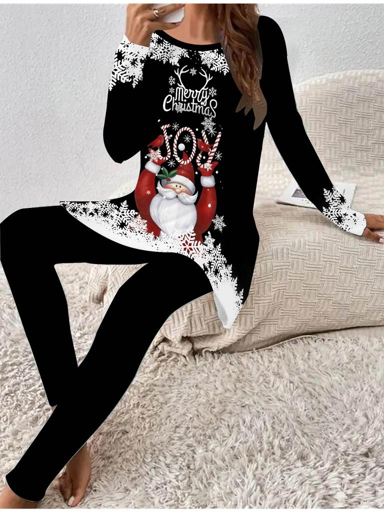 Euroamerická móda 3D Vánoční potisk Dámské Čtyřsezónní Tričko s dlouhým rukávem + Dlouhé kalhoty Dvoudílný set. Perfektní dárek na Nový rok a Vánoce