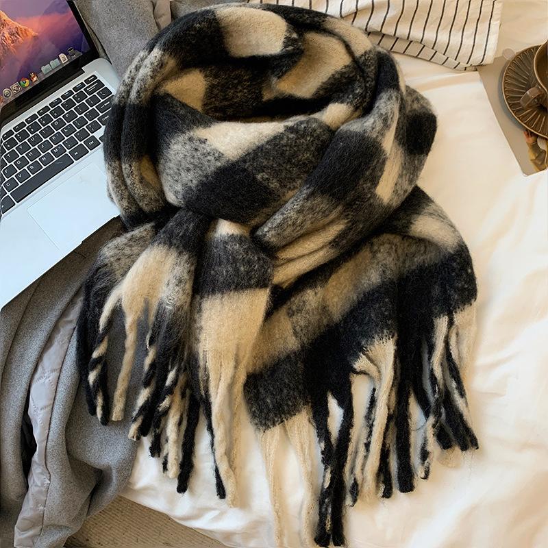 Mohair Cooling Scarf for Women Winter New Versatile Shawl High End Thickened Blue Plaid Scarf