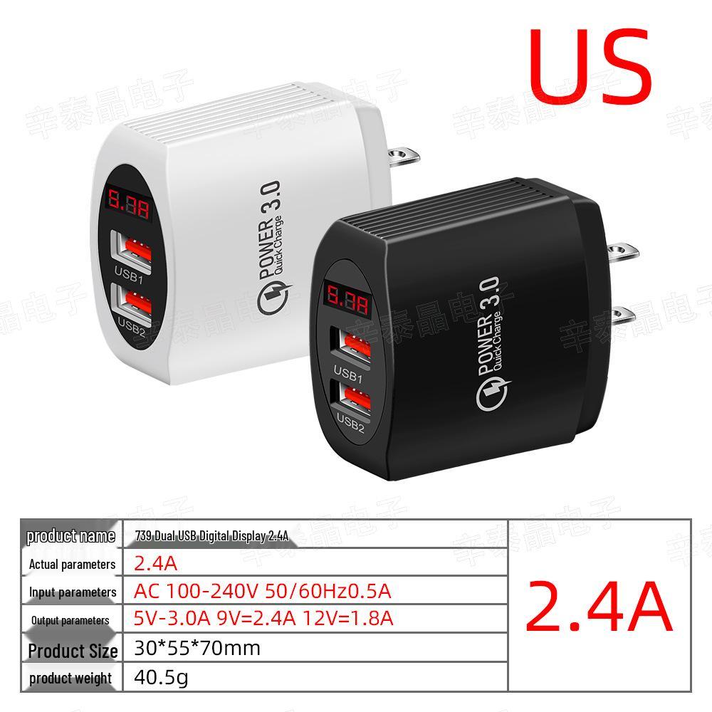 

European Standard Dual-USB Charger: 2.4A QC3.0 Fast Charging with Digital Display Black-Naked [Frosted Bag]