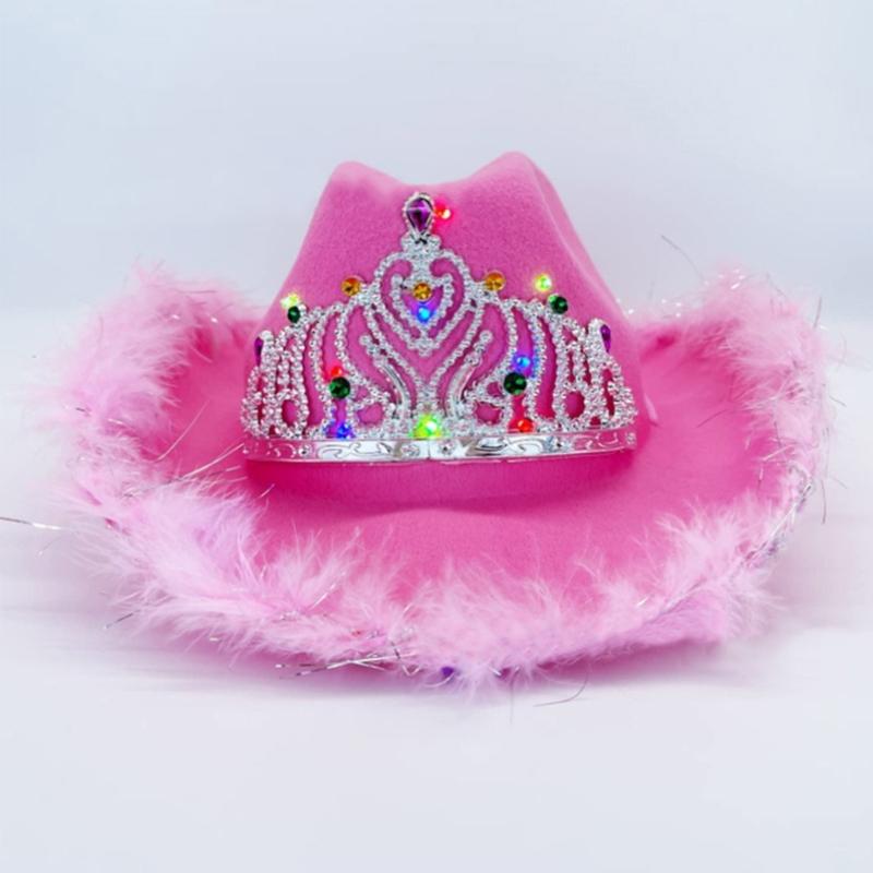 Rhinestone Crown Cowboy Hat Western Style Led Light Brim Hat Fedora Felt Cowboy Jazz Hat Accessory Wedding Party Hat