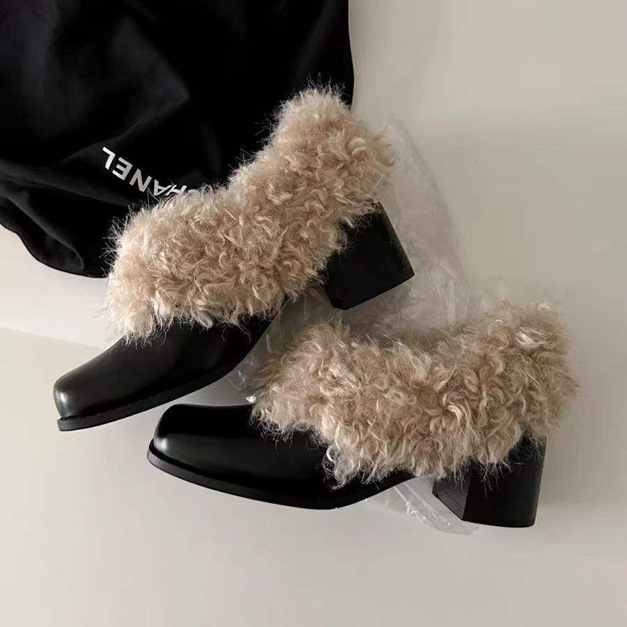 

Полностью кожаная версия~ Квадратный носок пушистые туфли на одной педали ретро бархатные теплые Мэри Джейн маленькие кожаные туфли хлопковые туфли толстый каблук одинарные туфли 40 чёрный