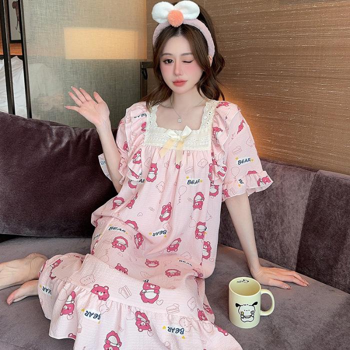 Princess Style Fattened And Enlarged Summer Short-Sleeved Nightgown Wrinkled Cotton Loose Large Size Sweet Cartoon Loungewear Can Be Worn Outside