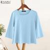 ZANZEA Womens Casual Irregular V Neck Solid Color Loose 3/4 Sleeve Blouse
