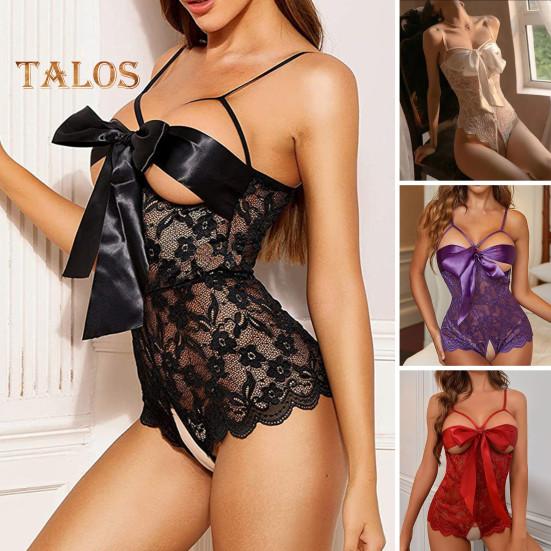 Body sexy para mujer con cordones, lazo, espalda descubierta, sin mangas, fino, transparente, con encaje, entrepierna abierta, bordado de flores, tirantes finos, ajustado, para boda y noche