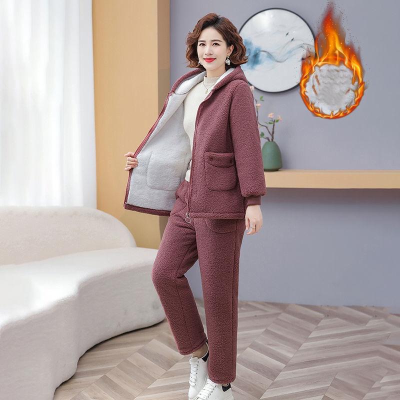 Mother Winter Plus Velvet Thick Cotton-padded Suit, Women's Fashion Temperament, Windproof and Warm Cotton-padded Trousers, Two-piece Suit