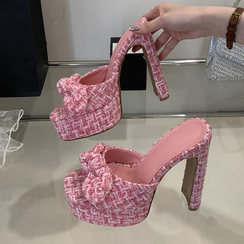 Fashion Liyke Fashion Pink Cloth Bowknot Designer Sandal Square Toe Super High Heels Platform Slippers Women Summer Party Banquet Shoes