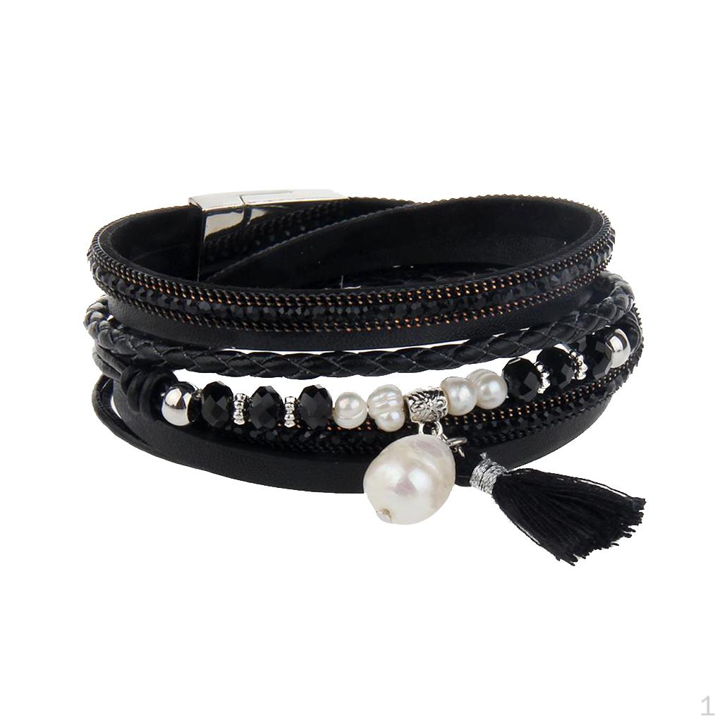Браслет-манжета с бахромой и белым жемчугом, Великолепный кожаный браслет на вощеном шнуре для женщин чёрный