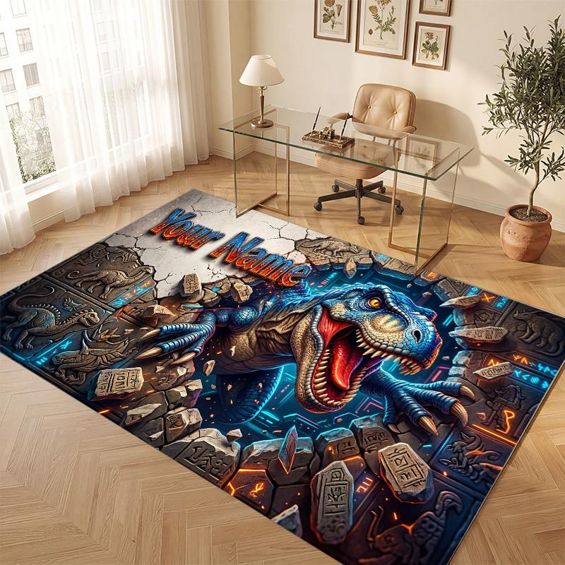 Dinosaur Theme Soft Crystal Velvet Rug Custom Name & Text Print Non Slip Floor Rug for Bedroom Living Room