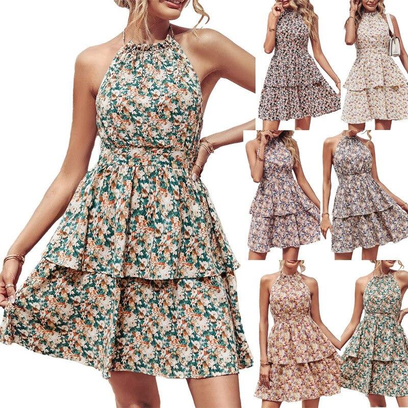 Summer Sexy Flower Printed Sleeveless Halter Dress For Women Elegant Elastic Waist Mini Dress Fashion Beach Dress Robe 25136