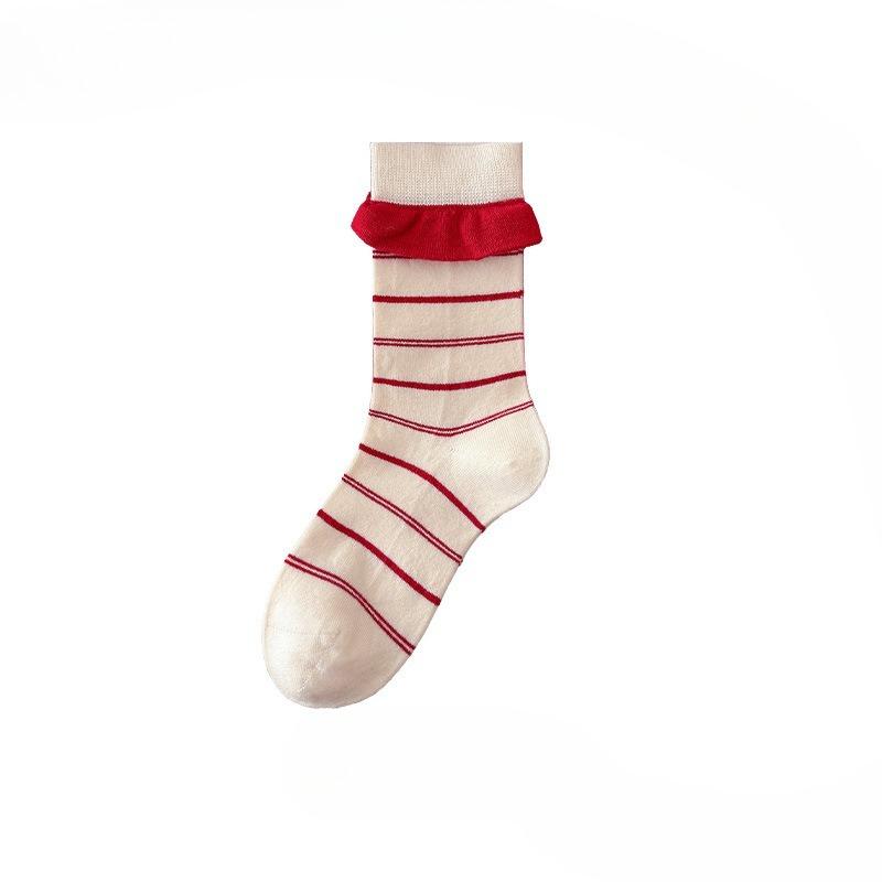 

New Year Red Socks for Children in Wool with Cartoon Ribbon - New Year Red Socks in Pile Pattern - Women s Socks 1 pair