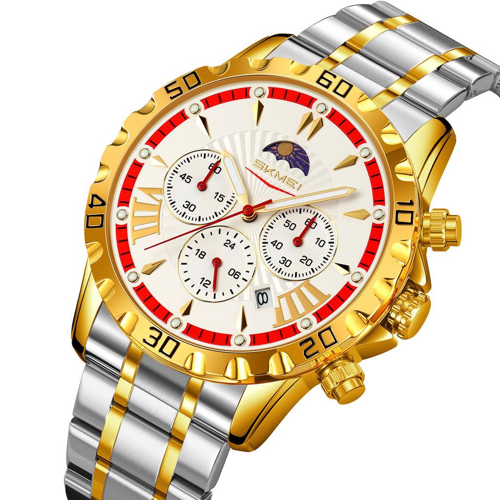 Luxury Golden Watch for Men Fashion Waterproof Male Wristwatch Moon Phase Quartz Men's Watches Relogio Masculino