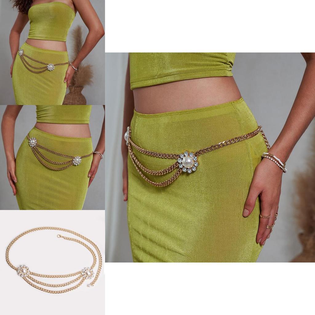 Sophisticated Artificial Pearl Flower Gold Waist Chain For Women With Trendy Design