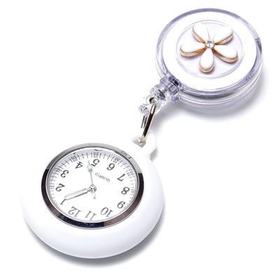 Grandios [5 Farben] Krankenschwesteruhr, Ausziehbarer Clip und Aufroller, Blumen-Design, Leuchtende Taschenuhr, GD-HANANW-WH