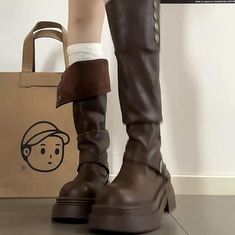 Herbst Winter Damen Ritter Kniehohe Stiefel Schlichte Schlupfschuhe Dicksohlige Schuhe Damen Vintage Western Cowboy Botas