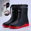 Premium Unisex Waterproof Rain Boots, New Cuff Design, Short/Mid-Calf Length, Drawstring Closure, Non-Slip Rubber Sole.