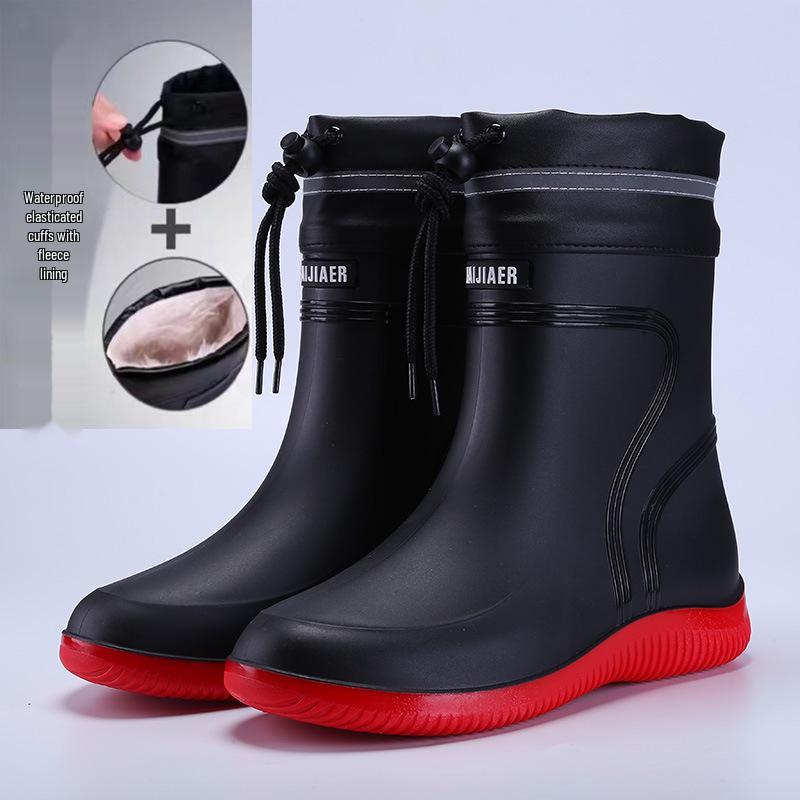 Premium Unisex Waterproof Rain Boots, New Cuff Design, Short/Mid-Calf Length, Drawstring Closure, Non-Slip Rubber Sole.