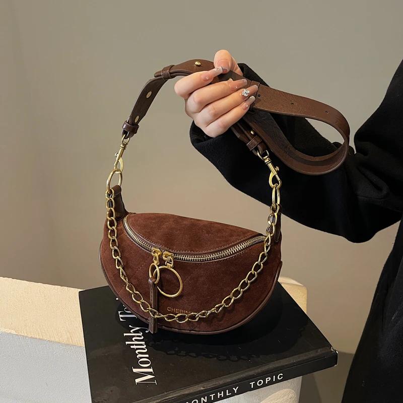 Leopard faux suede hobo shoulder bags fashion wide straps designer style sense of luxury chains crossbody feminine bags