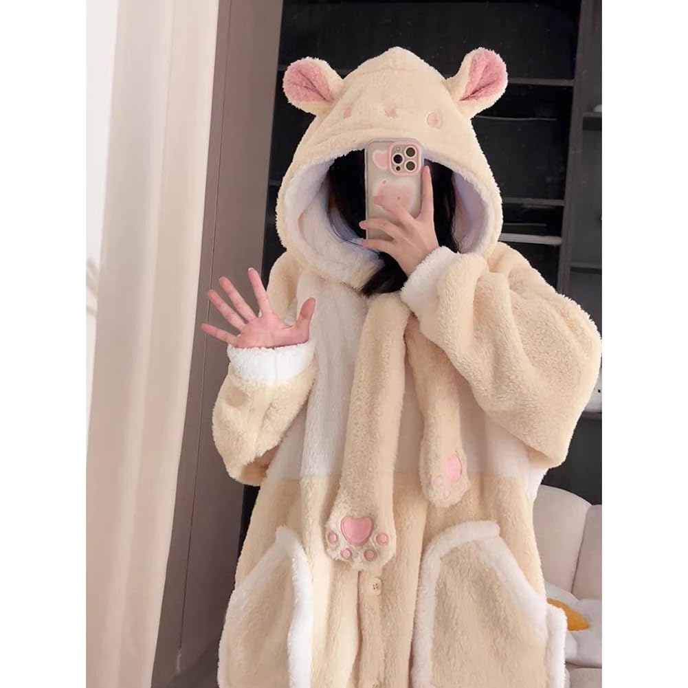 BREAORTION Hamster Pajamas for Long Cute and Casual for Fall and Winter Women, Skin-Friendly, Open-Front, Sleeves, Loungewear, (JP, Alphabet, L,