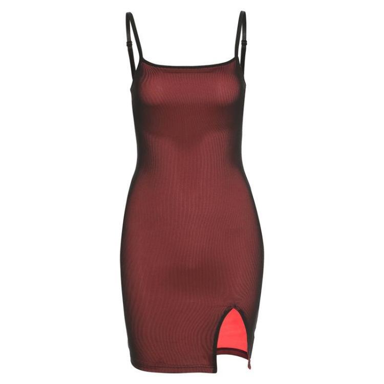 Women Summer Spaghetti Strap Mini Bodycon Dress Slash Neck Split Hip Party Short Ladies