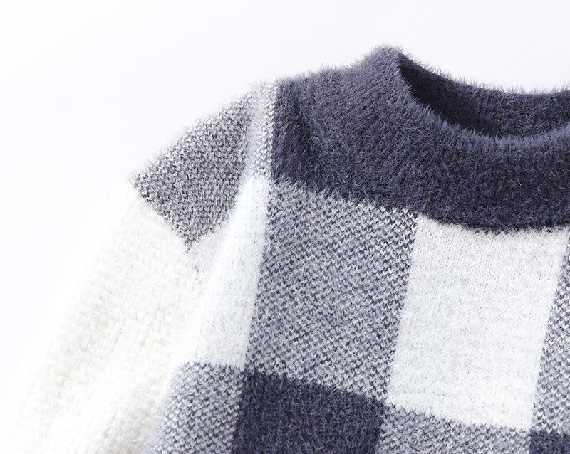 Half Turtleneck Men's Sweater Korean Style Fashion Plaid Imitation Mink Knitted Sweater Autumn and Winter New