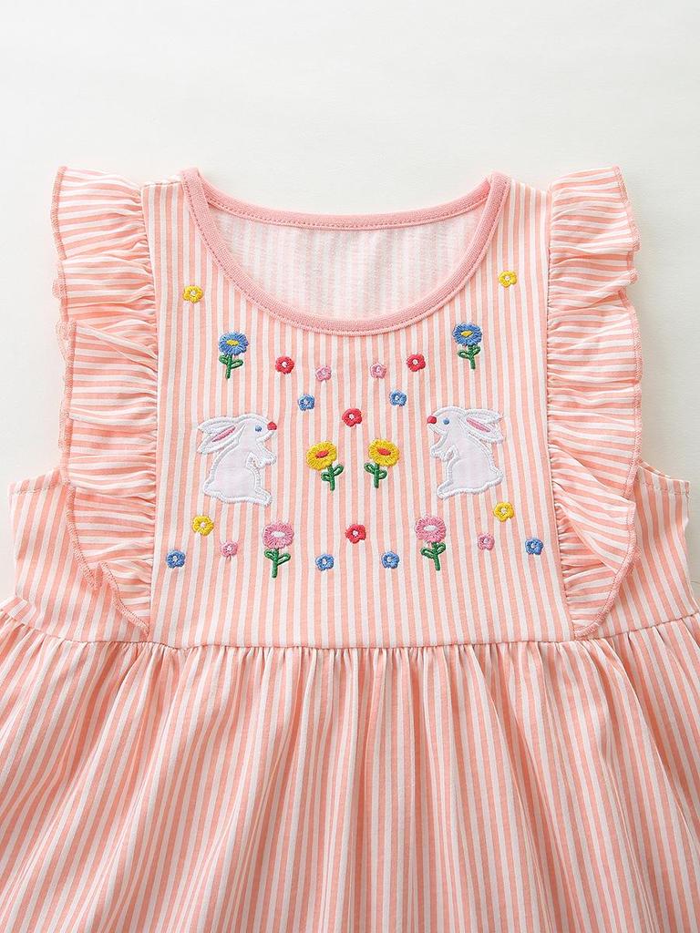 European Embroidered Rabbit Sleeveless Summer Dress for Girls - Children's Round Neck Princess Style