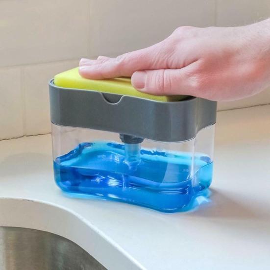 2 in 1 Kitchen Sink Soap Liquid Dispenser Box Easy Press Dishwash Liquid Box with Dishcloths Pot Sponge Brush
