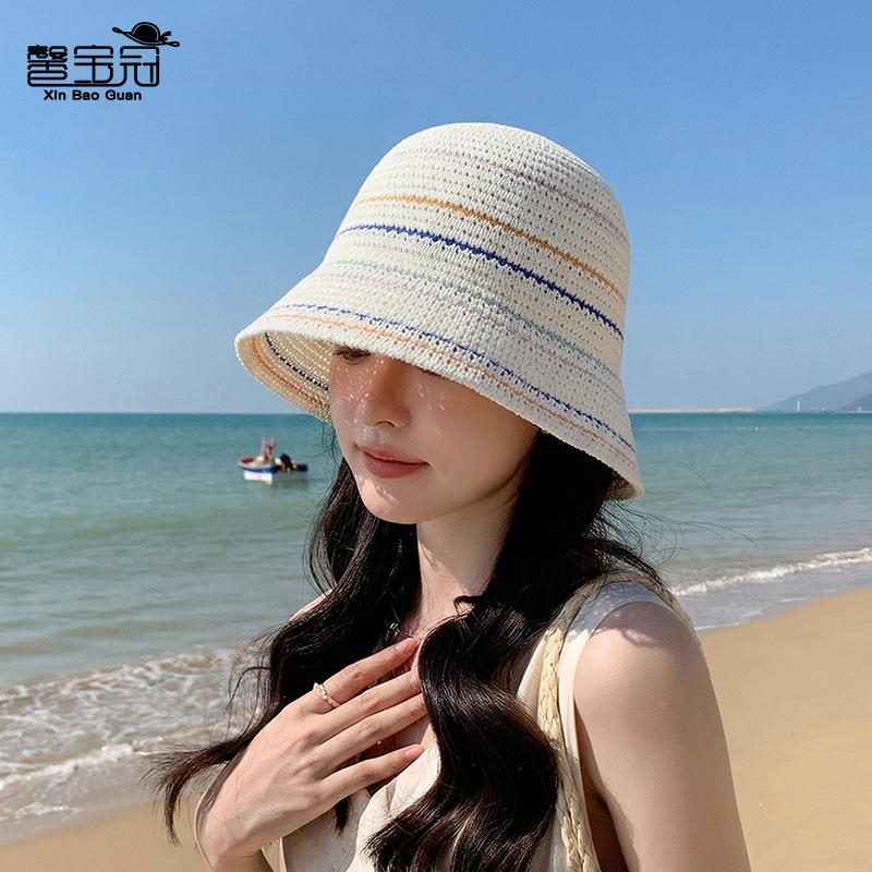Women's Summer Sun Protection Sun Hat Striped Knitted Mesh Breathable Fisherman Hat