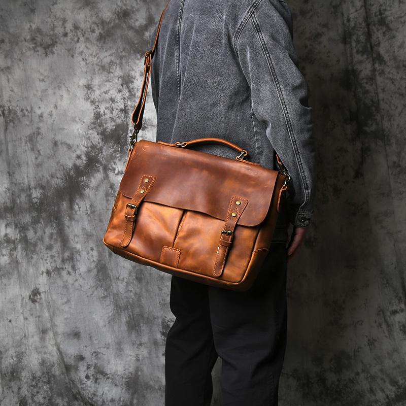 Retro Top Layer Leather Men's Handbag Crazy Horse Leather Casual Shoulder Messenger Bag with Horizontal Compartment for Men