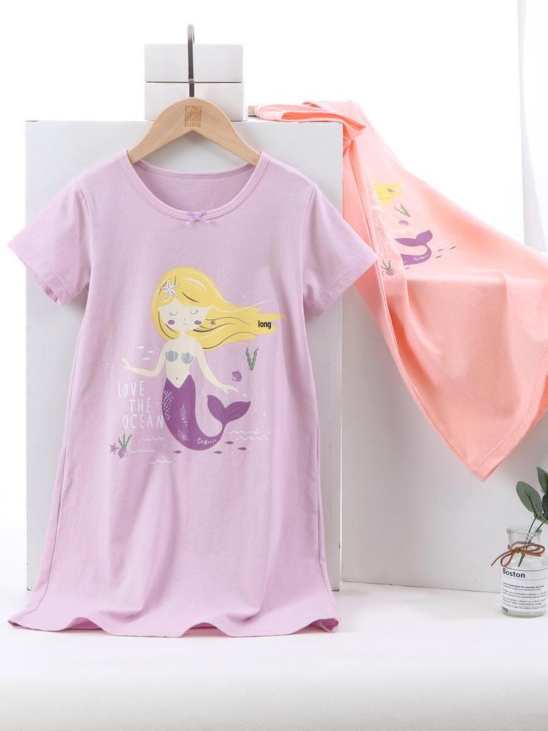 Girls' Summer Short-Sleeve Cotton Mermaid Nightgown