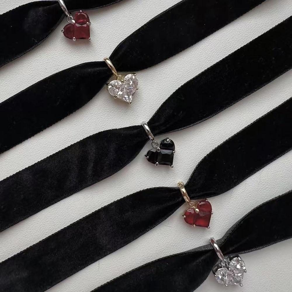 Classic Gothic Tattoo Velvet Choker Necklace Red Zircon Heart Pendant Necklaces For Women Jewelry Valentine's Gift N0544
