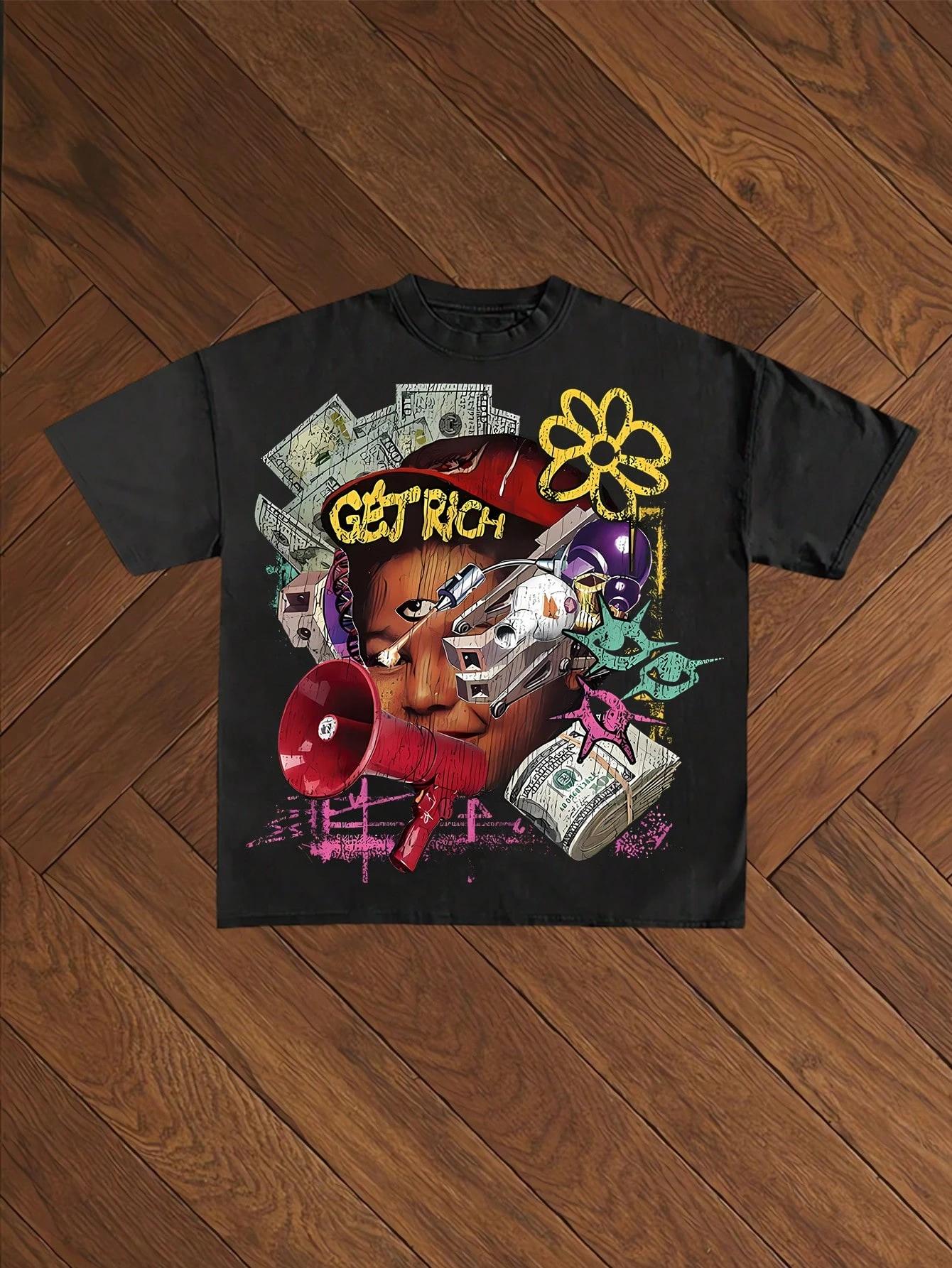 

American Retro Hip-hop Style Patterned T-shirt Men s Pure Cotton T-shirt All Season Casual Fashion Streetwear 4XL