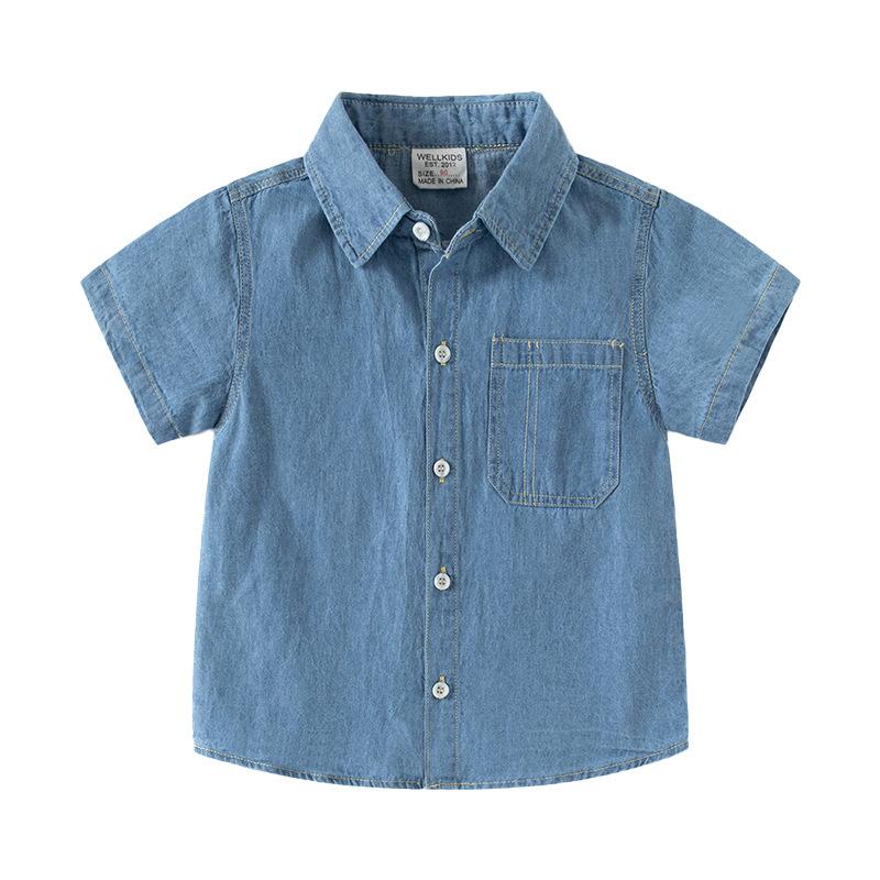 Boys Denim Shirt Short Sleeve Button Down Collared Casual Summer Top Fashion Clothing for Toddler and Kids