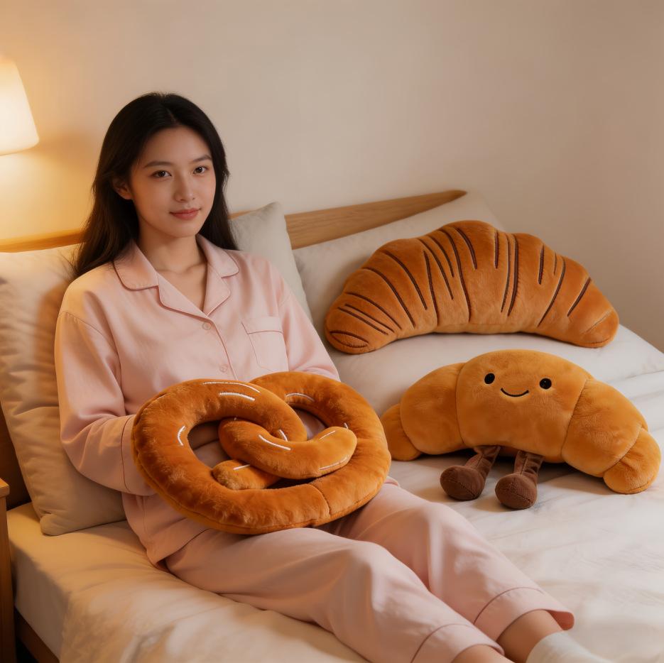 Dopamine Decor Creative Bread Plush Pillow Cookie Pretzel Design Bedroom Bedside Nap Pillow for Dorm