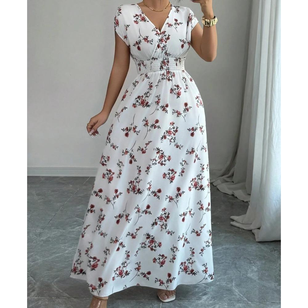 Nuevo Vestido Largo Estampado de Verano con Cuello en V y Manga Corta con Lazo para Mujer Cintura Ajustada