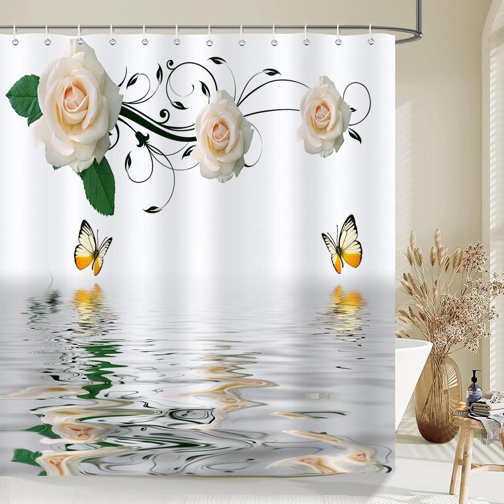 Beautiful Flower Butterfly Art Fabric Shower Curtain,Rose Decor Bathroom Shower Curtains with Hooks,Waterproof Bathroom Curtains
