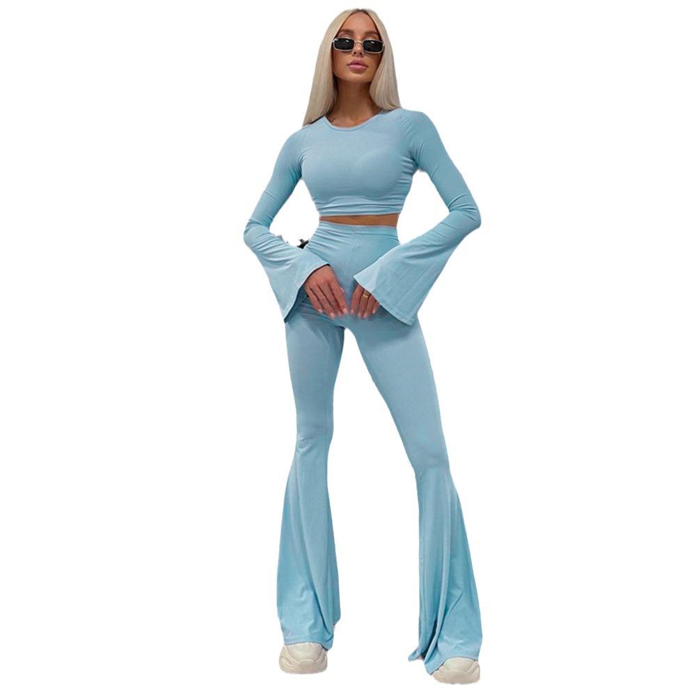 2024 European & American Slim-Fit Sports Set: High-Waisted Flared Pants & Long-Sleeve Top for Women