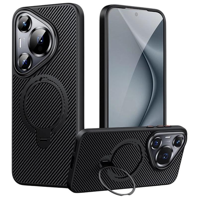 

For Huawei Pura 70 Pro/Pura 70 Pro+ Case Carbon Fiber Texture PC+TPU Phone Cover With Magnetic Stand Black