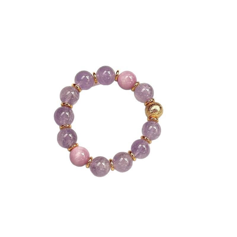 Handmade Natural Lavender Amethyst Kunzite Crystal Bracelet Women Single Strand Round Bead Elegant Versatile