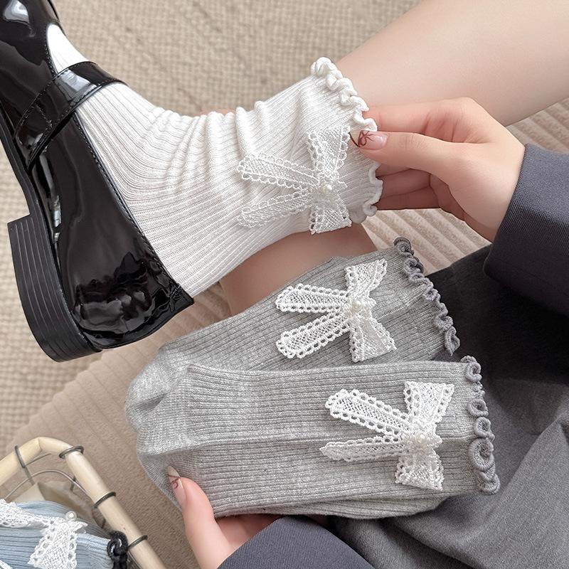 Female Spring and Autumn Sweet Heel Bow Wooden Ear Edge Ballet Wind Drum Pile Socks