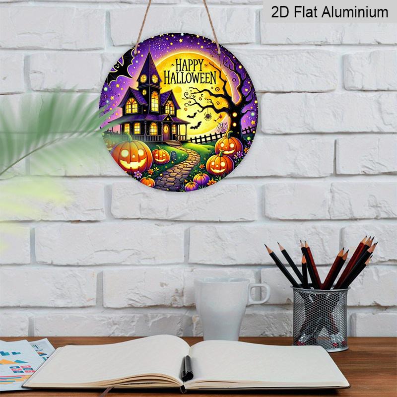 2D Flat, 1pc Round Aluminum Hanging Sign - Haunted House and Pumpkin Lantern Design, Happy Halloween Wall Decor, Durable Aluminum Sign, Suitable for