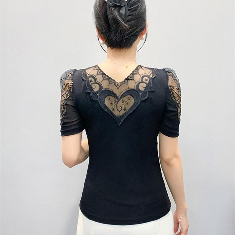 New European Clothes Women's Summer Rhinestone Butterfly T-Shirt Sexy V-Neck Casual Tees Puff Sleeve Tops
