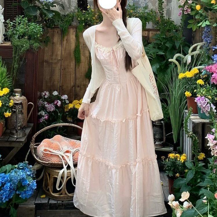 Gentle Pink Lace Camisole & Cardigan Set with Waist-Hugging Summer Dress