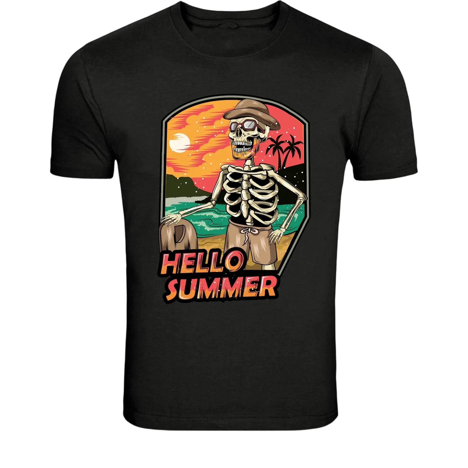 Hello Summer Skeleton Beach T-Shirt - Funny Vacation Skeleton L