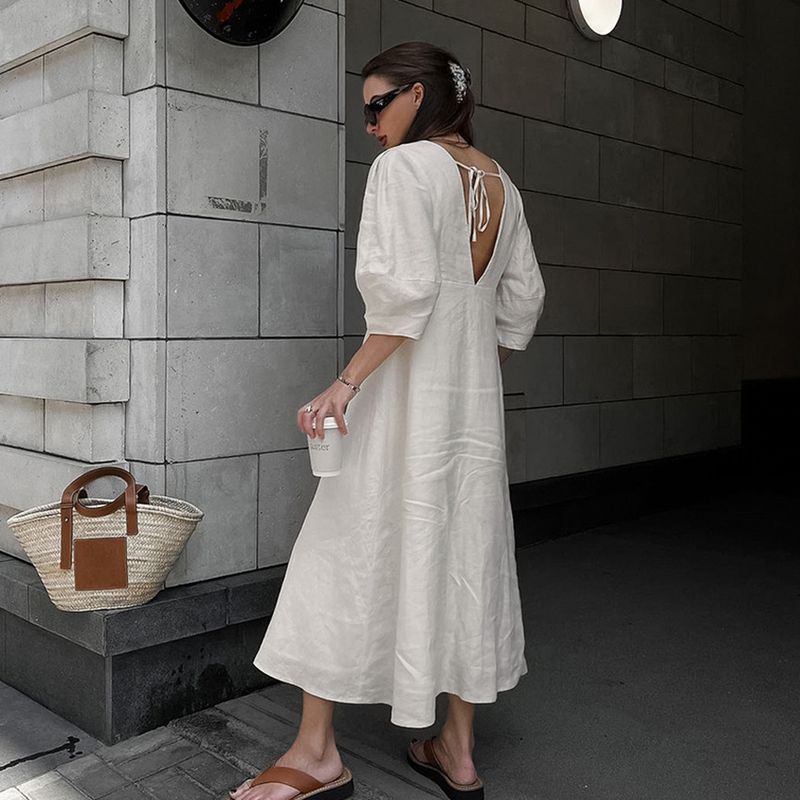 European and American Simple Casual Loose Cotton and Linen Dress Women Summer Puff Sleeve V-neck Beige A- Line Skirt Waist Hugging Long Skirt