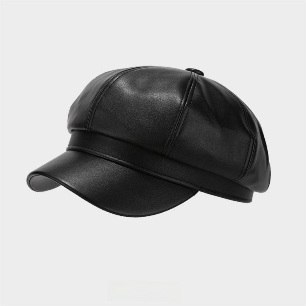 PU Leather Newsboy Cap Solid Color Peaked Cap Creative Gift Beret Hat  Cold Weather Use