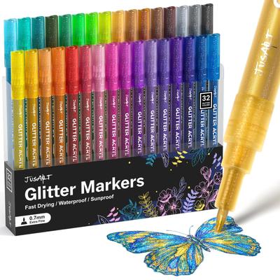 JusArt Glitter Markers Sparkling Paint Pens for DIY Card and Rock Art Acrylic Paint Markers 32-Color - Making, Coloring, Scrapbooking, Glass, Wood,