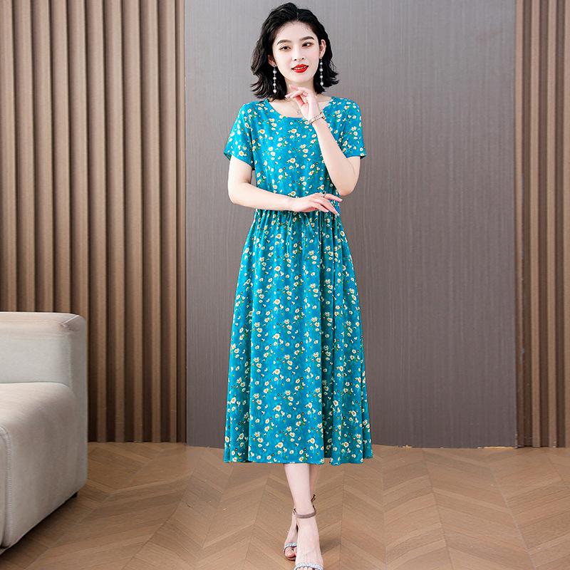 Women's Short Sleeve Midi Dress Round Neck Mid Rise Casual Floral Print A-Line Dress