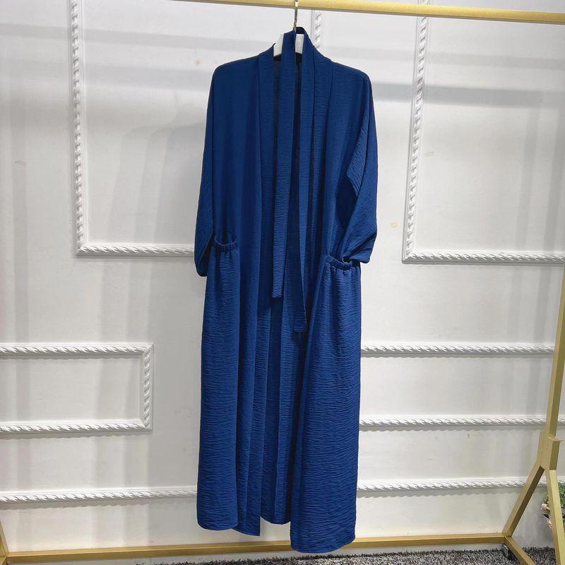 

European and American National Style Shoelace Cardigan Robe Dress Elegant Dress Lace-up Cardigan Dress Dark Blue 1 yard